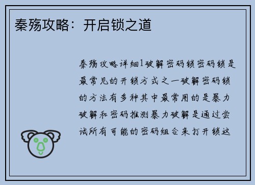 秦殇攻略：开启锁之道