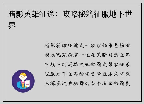 暗影英雄征途：攻略秘籍征服地下世界