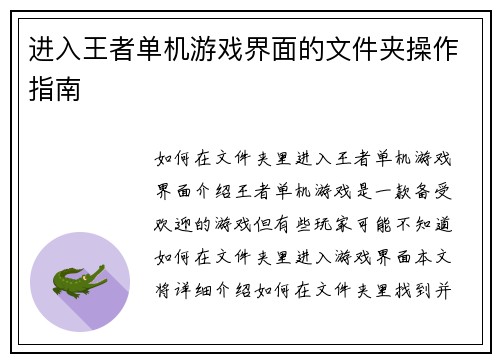 进入王者单机游戏界面的文件夹操作指南